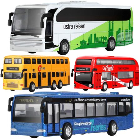 US🇺🇸 FBA Free Shipping, 4-Pack Die-Cast Bus Toy Set, Stock: 72, MOQ 24, Price: $2.2