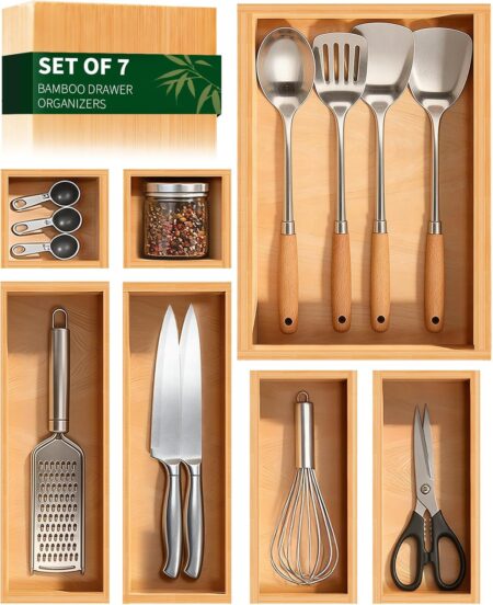🇺🇸USA FBA Free Shipping, Bamboo Drawer Organizer 7 Pcs (Multi-purpose Storage Dividers), Stock: 475, MOQ: 50, Price: $2