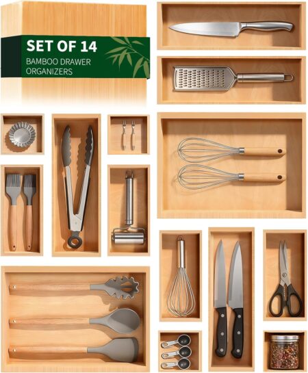 🇺🇸USA FBA Free Shipping, Bamboo Drawer Organizer 14 Pcs (Multi-purpose Storage Dividers), Stock: 400, MOQ: 50, Price: $3